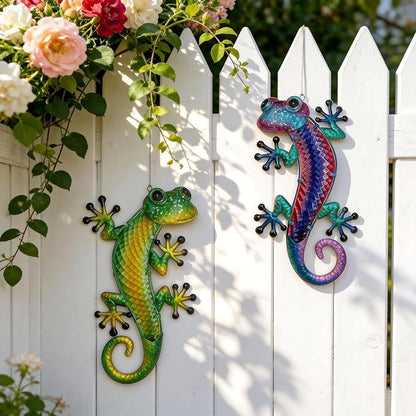 HONGLAND Lizard Metal Wall Art-15 Inch Gecko Wall Decor Hanging Glass Sculpture, 2 Pack Yard Decorations Outdoor for Garden Fence Home