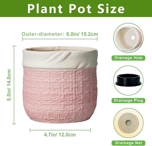 6 Inch Plant Pot - Ceramic Planter for Indoor Outdoor Plants, Round Decorative Planter with Drainage Hole and Plug, Boho Plant Pots, House Room Garden Decor, Plant Lover Gifts, Pink