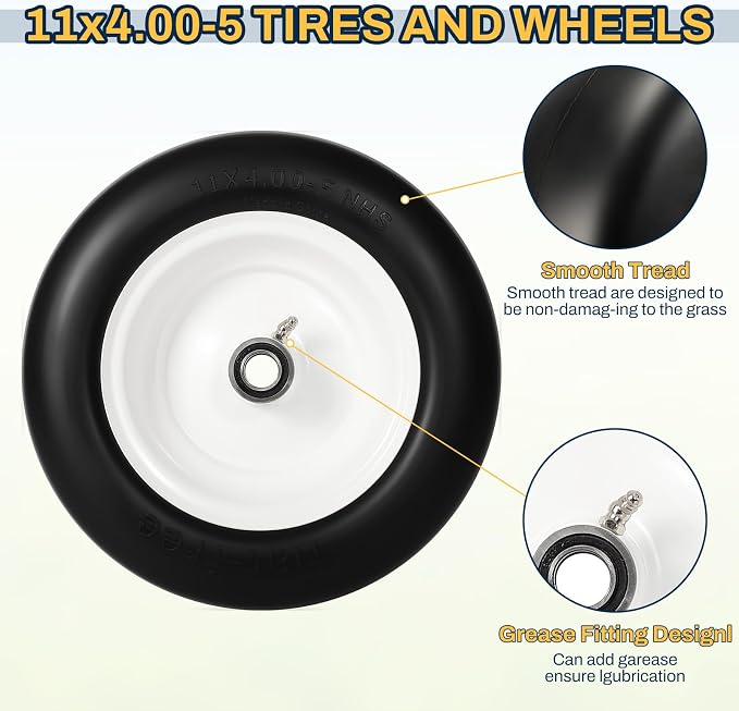 11x4.00-5 Lawn Mower Tires Flat Free, Zero Turn Mower Front Tires, 11x4-5 Solid Mower Wheel for Residential and Commercial, 3/4" or 5/8" Bushings, 3.4"-4"-4.5-5" Centered Hub, 2 Pack
