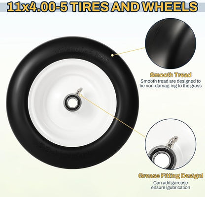 11x4.00-5 Lawn Mower Tires Flat Free, Zero Turn Mower Front Tires, 11x4-5 Solid Mower Wheel for Residential and Commercial, 3/4" or 5/8" Bushings, 3.4"-4"-4.5-5" Centered Hub, 2 Pack