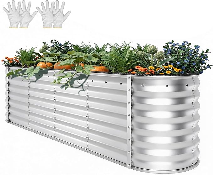 YITAHOME 8x2x2ft Large Raised Garden Bed Kit, 24" Tall 9 in 1 Galvanized Metal Planter Box with Gloves and Safety Rubber, Outdoor Above Ground Planters for Plants Vegetables Flowers, Silver Gray