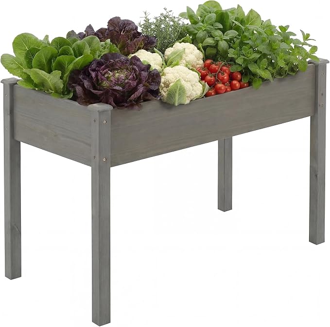 DUMOS Raised Garden Bed 48x24x30 Inch, Outdoor Planter Box with Legs, Elevated Wood Garden Bed with Liner for Herbs Flowers Vegetables, Wooden Planter Box for Patio, Balcony and Backyard, Grey
