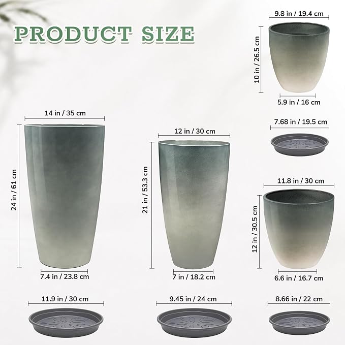ZMTECH 24/21/12/10 Inch Charcoal Gray Green Gloss Planter Set, 4 Pack Large Outdoor Planters with Drainage Holes & Saucers, Glossy Smooth Lightweight Plastic Plant Pots for Indoor Patio Garden Décor