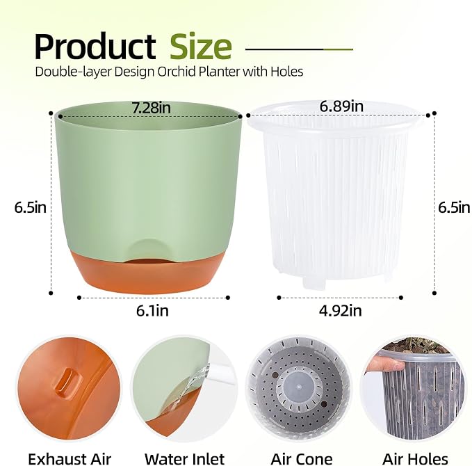 QCQHDU 7.2Inch Orchid Pots with Holes for Repotting, Double-Layer Plastic Self Watering Flower Pots for Indoor Plants with Drainage Holes, Clear Orchid Pot Match Decorative Orchid Container, 1 Pack