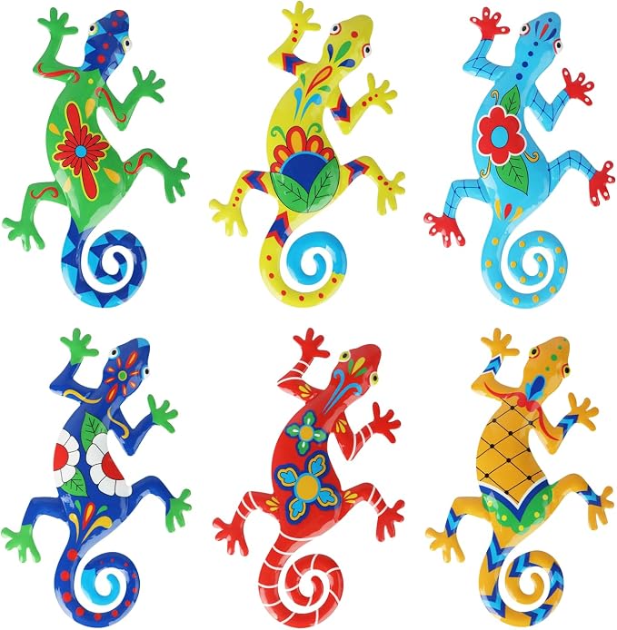 WANFSOWO 3D Metal Gecko Wall Art, Hand-Painted Colorful Lizard Wall Sculpture, Indoor Outdoor Hanging Decor for Garden Fence Patio Porch Backyard, Home Decor Gift (Style 3)