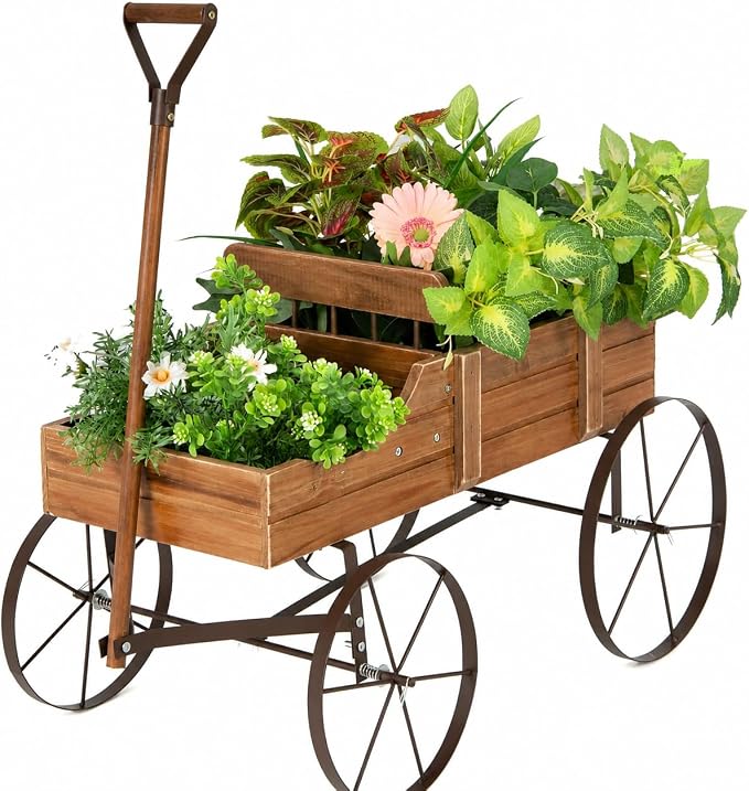 DORTALA Wood Wagon Planter, Outdoor Garden Flower Planter Cart with Wheels, Small Decorative Wood Raised Bed Plant Pot Box Stand for Backyard, Patio, Balcony, Natural