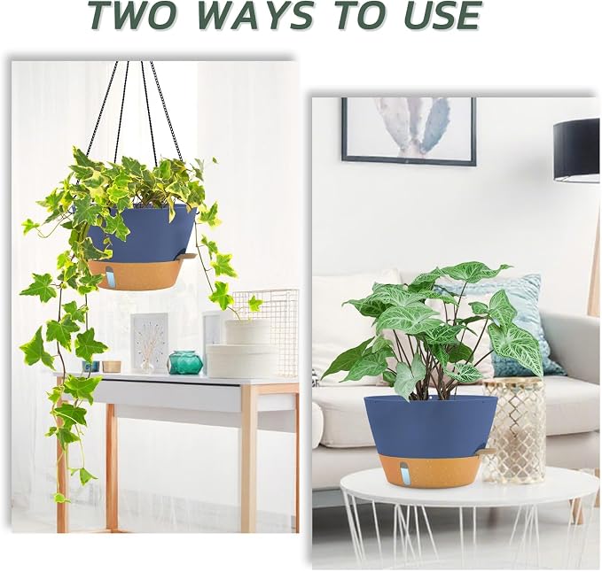 ZMTECH 12 Inch Hanging Planters for Indoor, 2 Pack Large Plant Pot with Visible Water Level and Chain, Self Watering Hanging Flower Pot for Outdoor Garden Porch(Blue)
