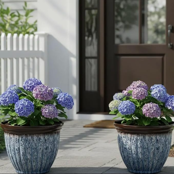 15" Large Flower Pots, 2-Pack Big Plastic Planters for Outdoor Plants | Plant Pot with 3D Textures, Artistic Floating Blue Brown Glaze, Weather-Resistant for Porch, Garden, Patio Yard or Indoor Use