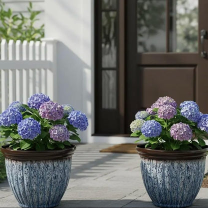 15" Large Flower Pots, 2-Pack Big Plastic Planters for Outdoor Plants | Plant Pot with 3D Textures, Artistic Floating Blue Brown Glaze, Weather-Resistant for Porch, Garden, Patio Yard or Indoor Use