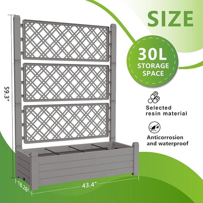 PatioZen Raised Garden Bed with Trellis for Climbing Plants, 43.43" L x 18.27" W x 59.29" H Self Watering Planter Box with Drainage Holes for Outdoor Backyard Patio Balcony, Anti-Rust Resin (Grey)