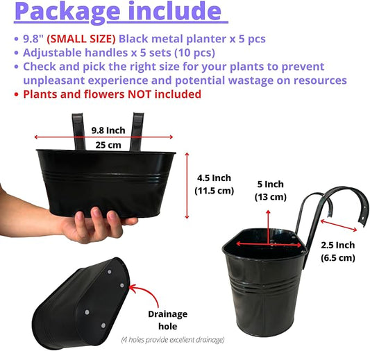 LaLaGreen Window Boxes Planters (5 Pack, 9.8 Inch) Small and Cute Black Metal Iron Hanging Flower Pots, Deck Railings Outdoor Fence Buckets Boho Style Wall Mount Plant Holder Hooks Porch Garden Decor