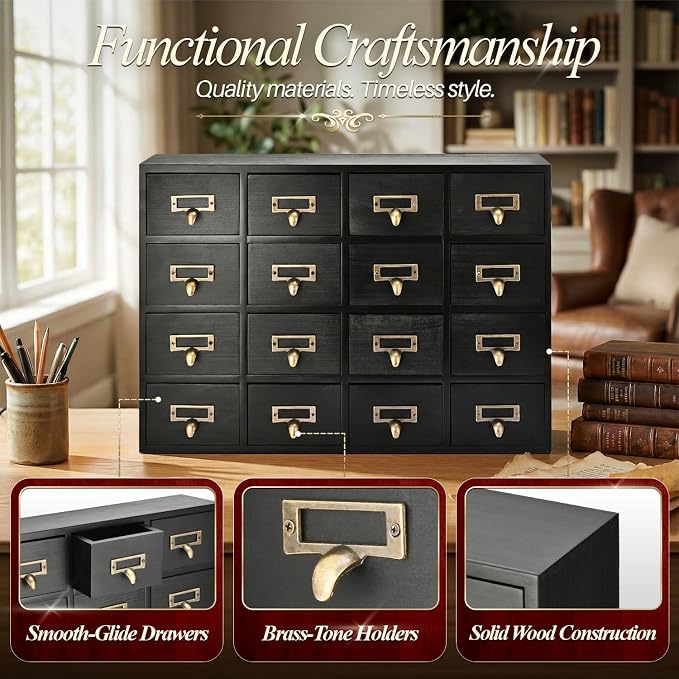 Flexzion Apothecary Cabinet with Drawers - 16 Vintage Drawers, Card Catalog Cabinet, Black Wooden Tabletop Desktop Organizer for Home Office, Jewelry, Makeup, Tools & Small Item Storage