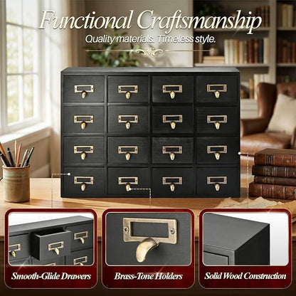 Flexzion Apothecary Cabinet with Drawers - 16 Vintage Drawers, Card Catalog Cabinet, Black Wooden Tabletop Desktop Organizer for Home Office, Jewelry, Makeup, Tools & Small Item Storage