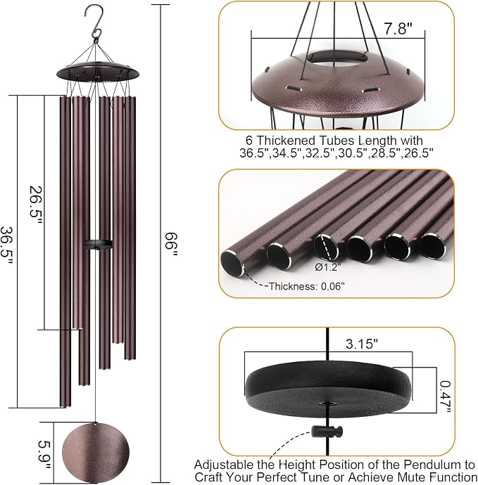 66" Large Wind Chimes for Outside Deep Tone, 6 Thickened ⌀ 1.2" Tubes Tuned Relaxing Melody Wind Chime, Windchimes Outdoors for Garden Patio Decor, Great Gift Idea for Your Loved One (Bronze, 66")