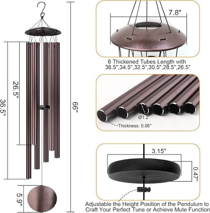 66" Large Wind Chimes for Outside Deep Tone, 6 Thickened ⌀ 1.2" Tubes Tuned Relaxing Melody Wind Chime, Windchimes Outdoors for Garden Patio Decor, Great Gift Idea for Your Loved One (Bronze, 66")