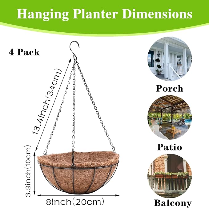 EIMQUVW 4 Pack Hanging Planter Basket with Coco Coin Liner 8 inch Hanging Flower Pots Outdoor Decorative Round Wire Plant Holder with Chain Metal Hanging Baskets for Plants Outdoor