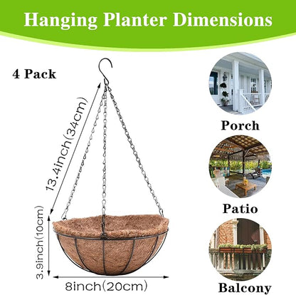 EIMQUVW 4 Pack Hanging Planter Basket with Coco Coin Liner 8 inch Hanging Flower Pots Outdoor Decorative Round Wire Plant Holder with Chain Metal Hanging Baskets for Plants Outdoor
