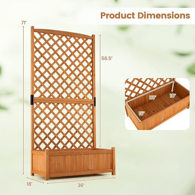 HAPPYGRILL Raised Garden Bed with Trellis, 71" Planter Raised Bed with Drainage Holes, Freestanding Garden Planter for Vine Climbing Plants, Wooden Planter Box for Yard Balcony(1, Yellow)