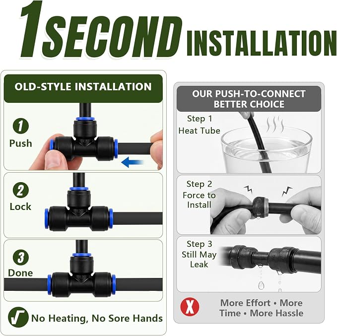 40 Pack Great Value 360° Adjustable Copper Drip Irrigation Nozzles, Flexible Misting Emitters for 1/4" Drip Tubing with 40PCS Quick Connect Fittings for Garden Greenhouse
