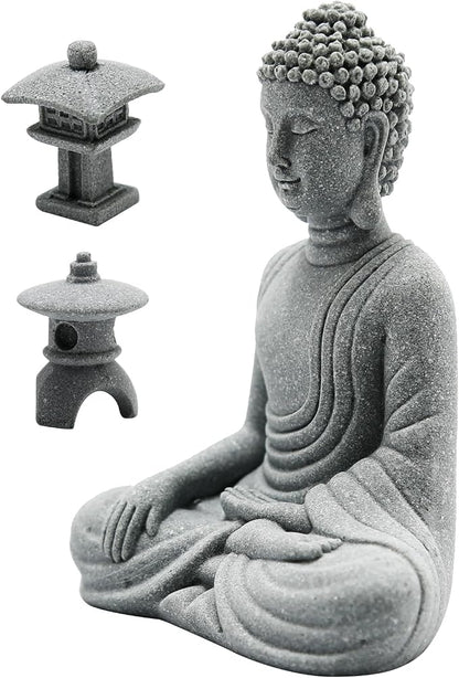 Hoypeyfiy Mini Buddha Statue Set with Stone Lantern, Zen Garden Accessories Sitting Buddha Figurine for Home Decor, Patio Yard Garden, Terrarium, Micro Landscape Decoration