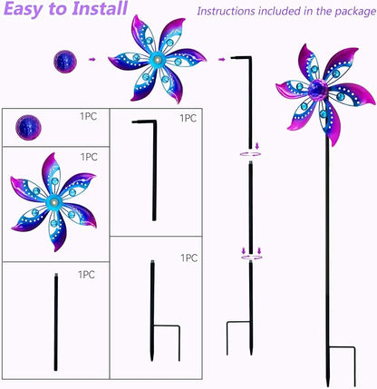 Wind Spinners Outdoor Metal, 10.63" W*37" H Pinwheels for Yard and Garden Decor, Kinetic Wind Sculpture Spinner Yard Art (Purple)