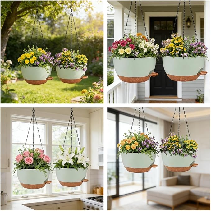 12" Self Watering Hanging Planters with Chains, Green Brown，2 Pack | Plastic hanging baskets with 43 Oz removable reservoir, for indoor outdoor plants, patio porch garden balcony decor