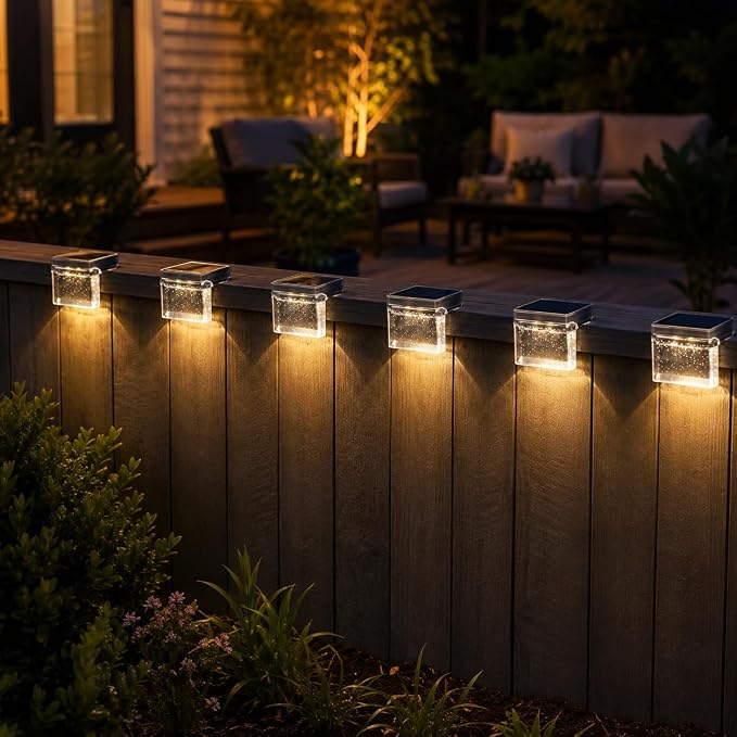 Qualdout Solar Deck Lights 8 Pack, IP65 Waterproof Solar Step Lights Outdoor, Warm White Solar Fence Lights with Crystal Acrylic Lens, Dusk to Dawn LED Lights for Stairs, Railing, Patio, Pool, Yard