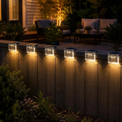 Qualdout Solar Deck Lights 8 Pack, IP65 Waterproof Solar Step Lights Outdoor, Warm White Solar Fence Lights with Crystal Acrylic Lens, Dusk to Dawn LED Lights for Stairs, Railing, Patio, Pool, Yard