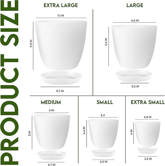 Utopia Home Plant Pots Indoor with Drainage Holes – Set of 5 White Plastic Flower Pots (7/6.6/6/5.3/4.8 Inch) – Modern Planters for Indoor Plants, Room & Office Décor, Great Stocking Stuffers
