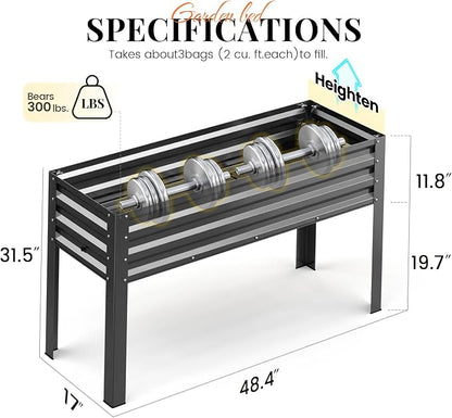 KING BIRD Raised Garden Bed with Legs & Water Storage Tank Galvanized Elevated Planter Box 48×17×31.5 in for Backyard, Patio, Balcony, 300lb Capacity, Dark Grey