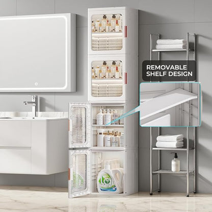 4-Tier Tall Narrow Bathroom Storage Cabinet for Small Space,White | Quick Assembly,Foldable,Plastic Organizers,Magnetic Doors,Adjustable Shelves,Slim Storage Cabinet,Wheels