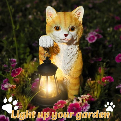 WONDER GARDEN Solar Cat Garden Statue - Outdoor Cat Statues, Orange Cat Figurines with Solar Lantern Light for Patio, Yard, Lawn, Gardening Gifts for Women and Mom(11" Orange Cat)