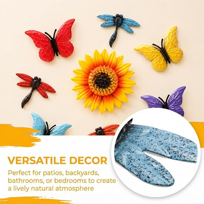 Pumtus 9 Pack Metal Flowers Wall Decor, Small Outdoor Fence Decoration, Butterfly Dragonfly Wall Art Ornament, Hanging Sunflower Animal Sculptures for Garden Patio Backyard Deck Home