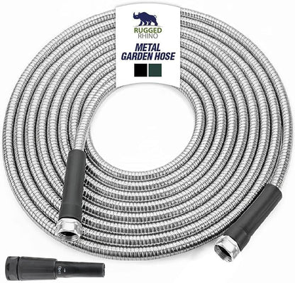 RUGGED RHINO Metal Garden Hose with Spray Nozzle, 100FT, 304 Stainless Steel, 750 PSI Burst Strength, Heavy Duty Flexible Water Hose, Kink Resistant, Leakproof for Yard, Lawn and Outdoor Use, Silver