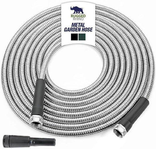 RUGGED RHINO Metal Garden Hose with Spray Nozzle, 100FT, 304 Stainless Steel, 750 PSI Burst Strength, Heavy Duty Flexible Water Hose, Kink Resistant, Leakproof for Yard, Lawn and Outdoor Use, Silver