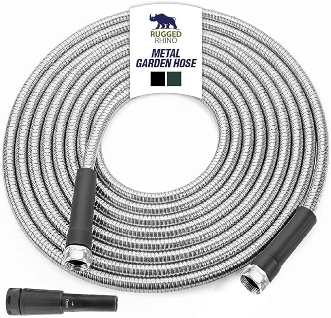 RUGGED RHINO Metal Garden Hose with Spray Nozzle, 304 Stainless Steel, 750 PSI Burst Strength, Heavy Duty Flexible Water Hose, Kink Resistant, Leakproof for Yard, Lawn and Outdoor Use, Silver 25FT