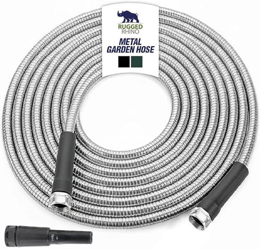 RUGGED RHINO Metal Garden Hose with Spray Nozzle, 304 Stainless Steel, 750 PSI Burst Strength, Heavy Duty Flexible Water Hose, Kink Resistant, Leakproof for Yard, Lawn and Outdoor Use, Silver 25FT