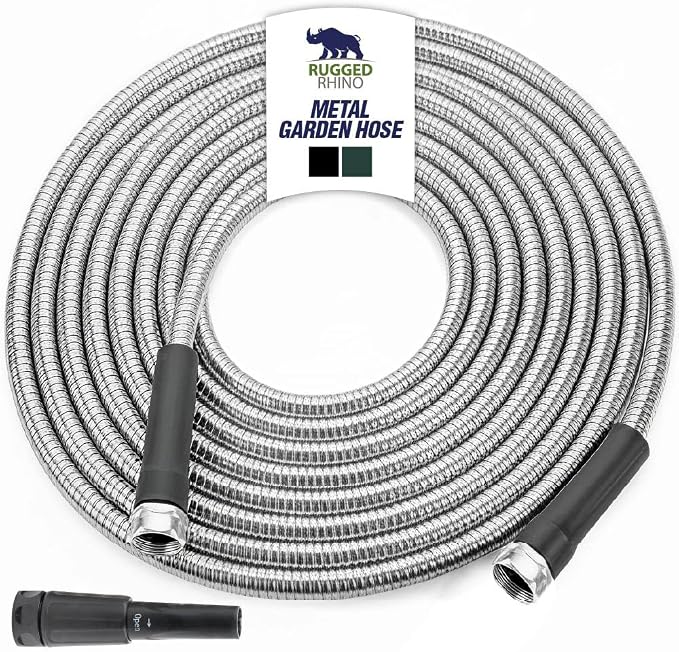 RUGGED RHINO Metal Garden Hose with Spray Nozzle, 50FT, 304 Stainless Steel, 750 PSI Burst Strength, Heavy Duty Flexible Water Hose, Kink Resistant, Leakproof for Yard, Lawn and Outdoor Use, Silver