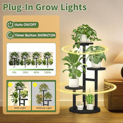 LASZOLA 3 Tiered Wood Plant Stand Indoor Corner with Grow Lights, Flower Holder Rack Tall for Multiple Plants, Rustic Planter Shelf Display for Patio Garden Balcony Living Room, Black