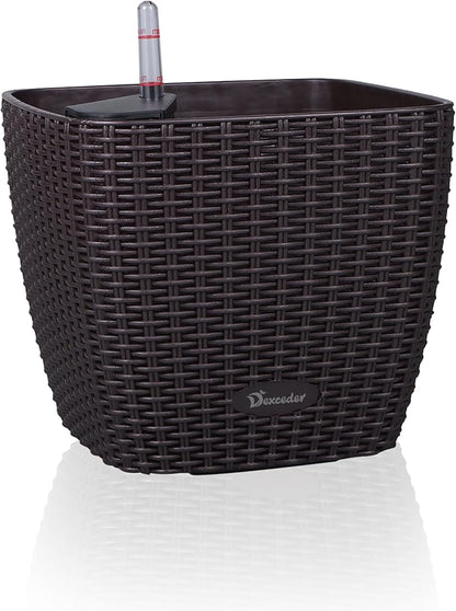 Dexceder 9x8 Self Watering Planter (Brown Rattan) | Inner Mat Design, Thickened Table Flower Plant Pot with Water Level Indicator Indoor Outdoor