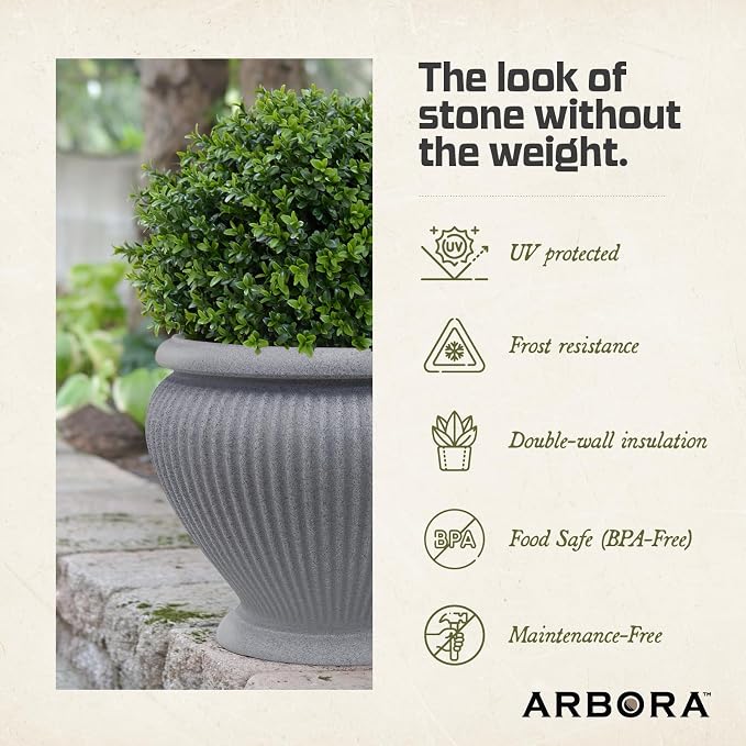 ARBORA 18" Cannes Urn Planter - Premium Polyresin Decorative Outdoor Planter with Drillable Drainage Hole for Optional Indoor Use, Lightweight, Weatherproof Plant Pot for Front Step, Garden, Deck