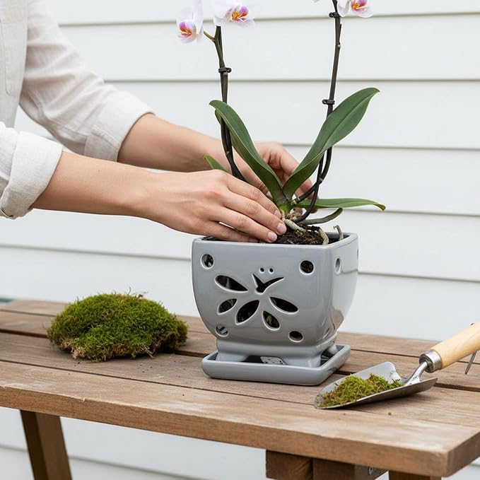 Orchid Pots with Holes Square Ceramic Orchid Planter Pots 5.5 inch (Gray)