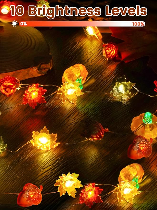 2 Pack 60LED Fall Decoration 3D Pumpkin Acorn Maple Leaf String Lights Battery Operated, 20FT Fall Lights with Remote, Waterproof 8 Modes Fairy Lights for Autumn Harvest Thanksgiving Halloween Decor