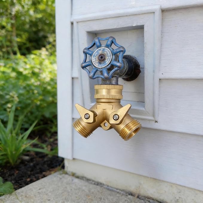 VANCOCO Garden Hose Coiled Spring Protectors, 3/4" Heavy Duty Brass Hose Splitter 2 Way with Hose Spring Protector for Garden Hose