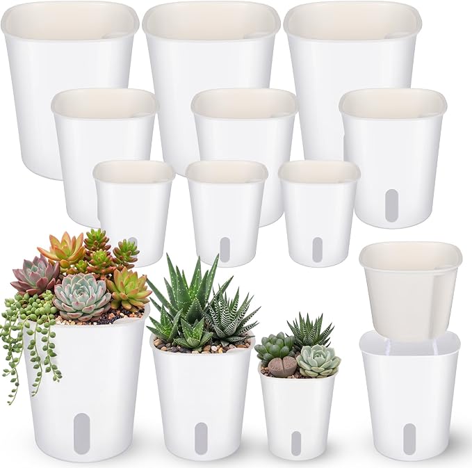 Ziliny 9 Pcs Self Watering Pots Plastic Plant 3 Sizes Flower Plant Pot with Inner White Flower Pots for Indoor House Plants Plastic Self Watering Pot for Herbs Flowers (Xs,S,M)