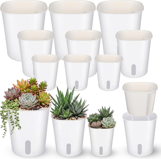 Ziliny 9 Pcs Self Watering Pots Plastic Plant 3 Sizes Flower Plant Pot with Inner White Flower Pots for Indoor House Plants Plastic Self Watering Pot for Herbs Flowers (Xs,S,M)