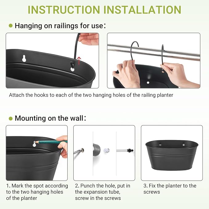 Dahey 3 Pcs 10.5 Inch Hanging Flower Pots for Railing Fence Metal Wall Planters for Indoor Plants Outdoor Countryside Window Flower Holder with Hooks Drainage Holes for Garden Yard Home Decor, Black