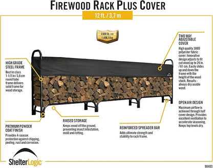 ShelterLogic 12' Adjustable Heavy Duty Outdoor Firewood Rack with Steel Frame Construction and Water-Resistant Cover
