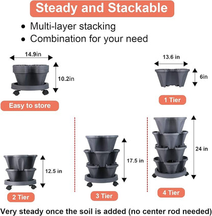GameXcel Vertical Planter Tower - 4 Tier Stackable Garden Planters with Wheels and Tools Plant Pots for Strawberry Herb Flower and Vegetable Indoor Outdoor Use Dark Gray