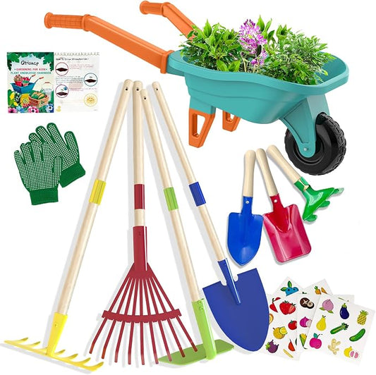 Qtioucp Kids Gardening Set with Wheelbarrow, Real Metal Garden Tools for Kids Ages 3-8, 4 Long Handle Tools, 3 Hand Tool, Gloves, 5 Stickers, Handbook, Outdoor Backyard Toys for Toddler Gift